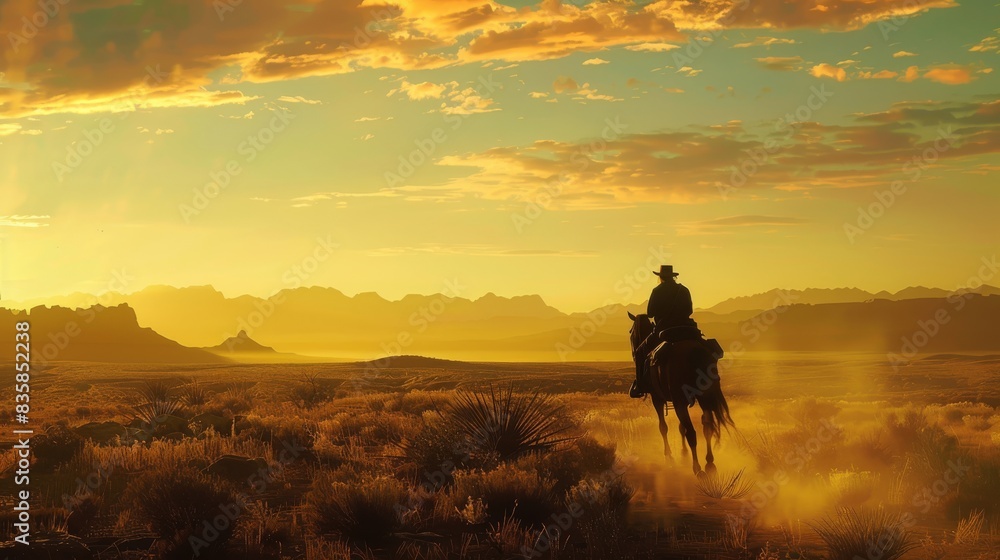 Fototapeta premium A lone cowboy rides a horse through a desert landscape at sunset