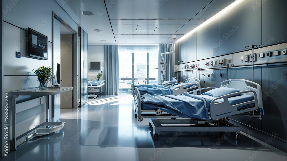 A modern hospital room featuring two beds and a television A modern hospital room featuring two beds and a television