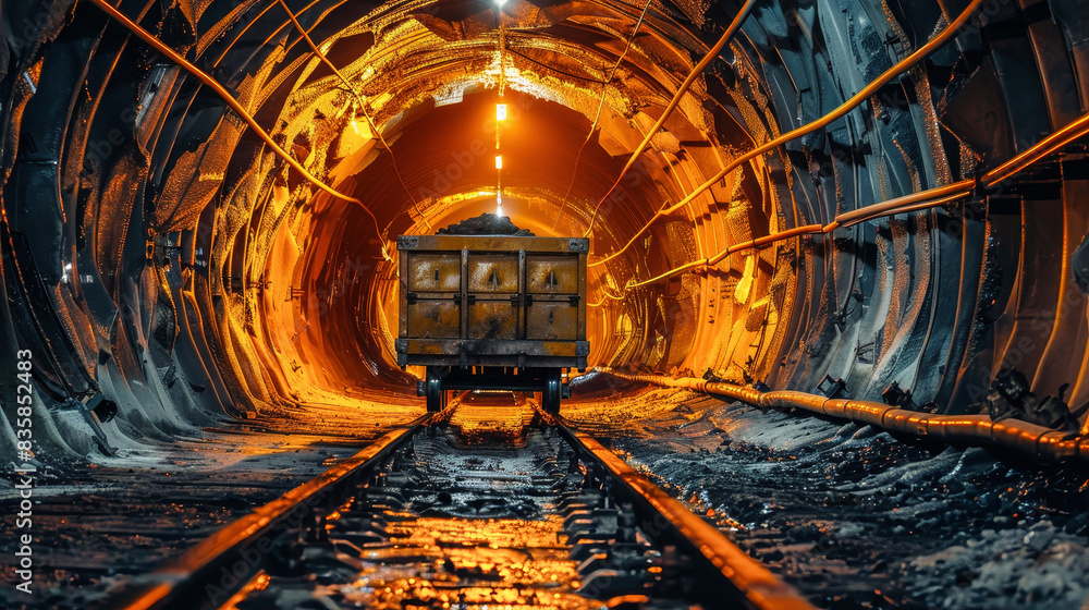 Obraz premium A lone ore cart travels along rails deep within a mine tunnel. The light from the tunnels entrance illuminates the dusty, dark environment