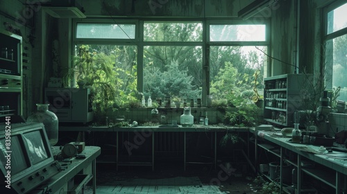 An overgrown laboratory with equipment and supplies