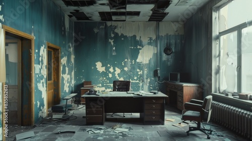 An abandoned office with peeling paint, a damaged ceiling, and a lone desk