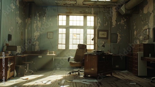 An old office space with a single chair and desk