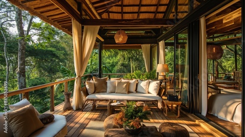 An elegant treehouse suite with a wraparound deck, luxurious furnishings, and a breathtaking view of the rainforest canopy. © Aheer,s