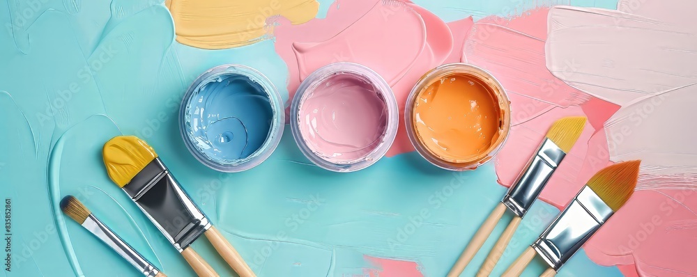 Paint Pots and Brushes on Colorful Background Paint Pots and Brushes on Colorful Background