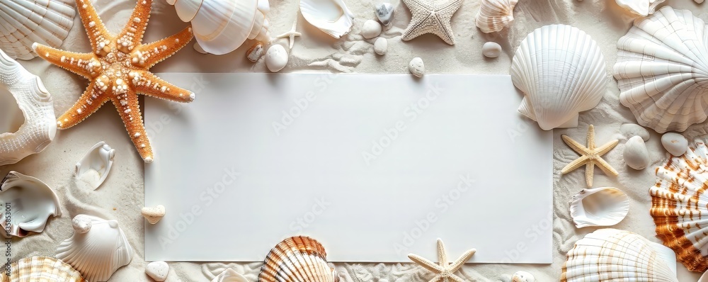 Naklejka premium Seashells and Starfish on White Sand