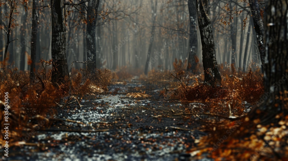 A forest path with charred trees and undergrowth A forest path with charred trees and undergrowth