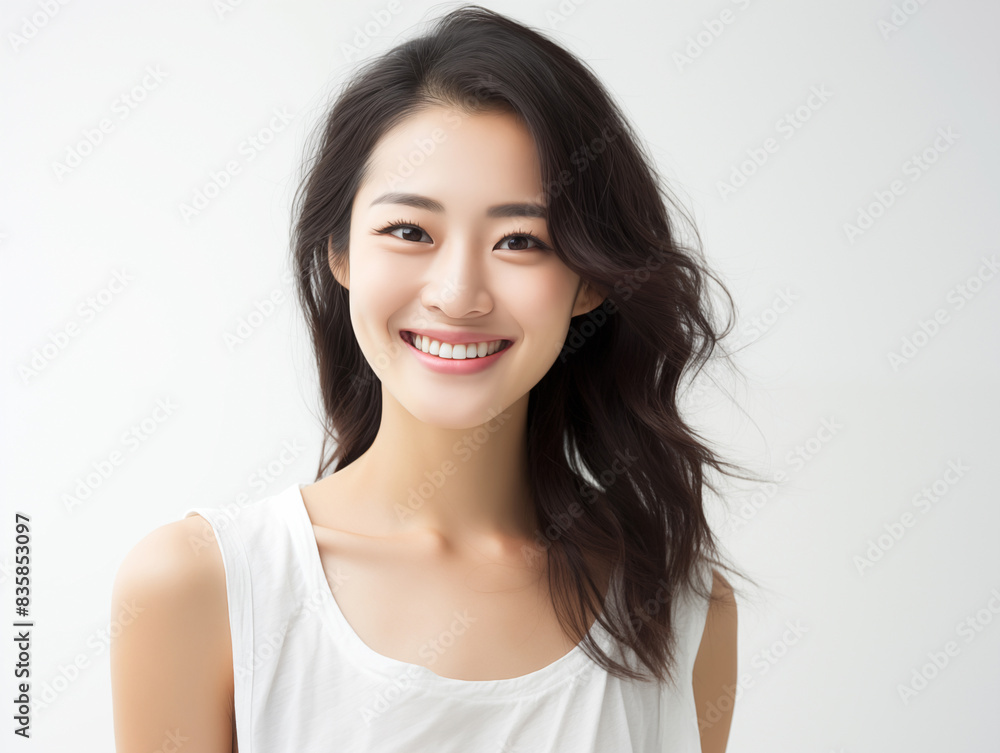 Asian woman with Bright Smile and Natural Beauty on white background Asian woman with Bright Smile and Natural Beauty on white background