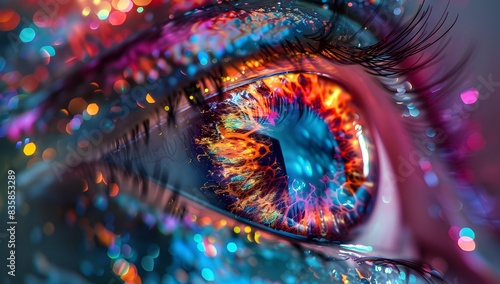 Abstract digital eye with colorful bokeh and glowing particles inside the iris, creating an immersive visual experience 