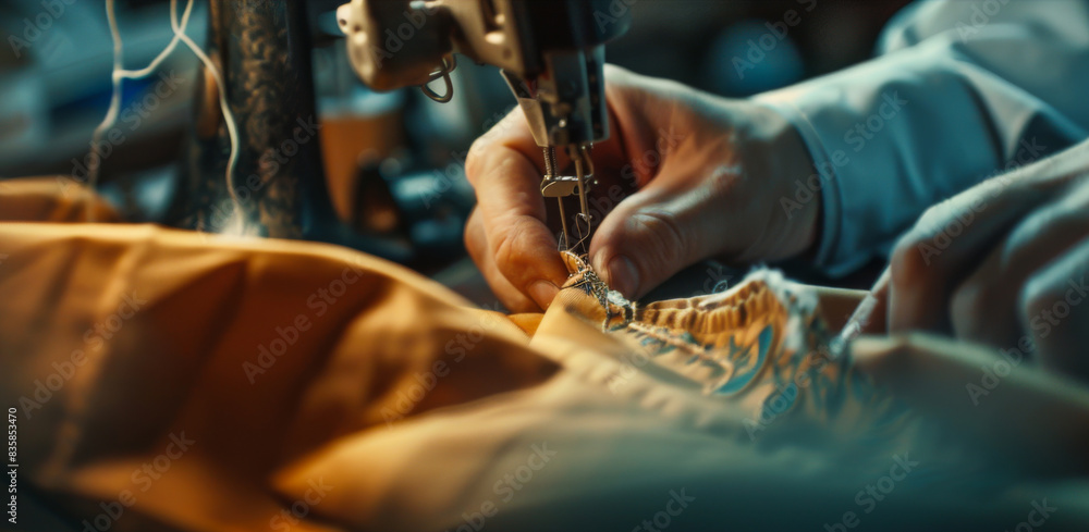 Close-up of a man's hand while sewing on a buttonhole. Making things. Industry concept. Close-up of a man's hand while sewing on a buttonhole. Making things. Industry concept.
