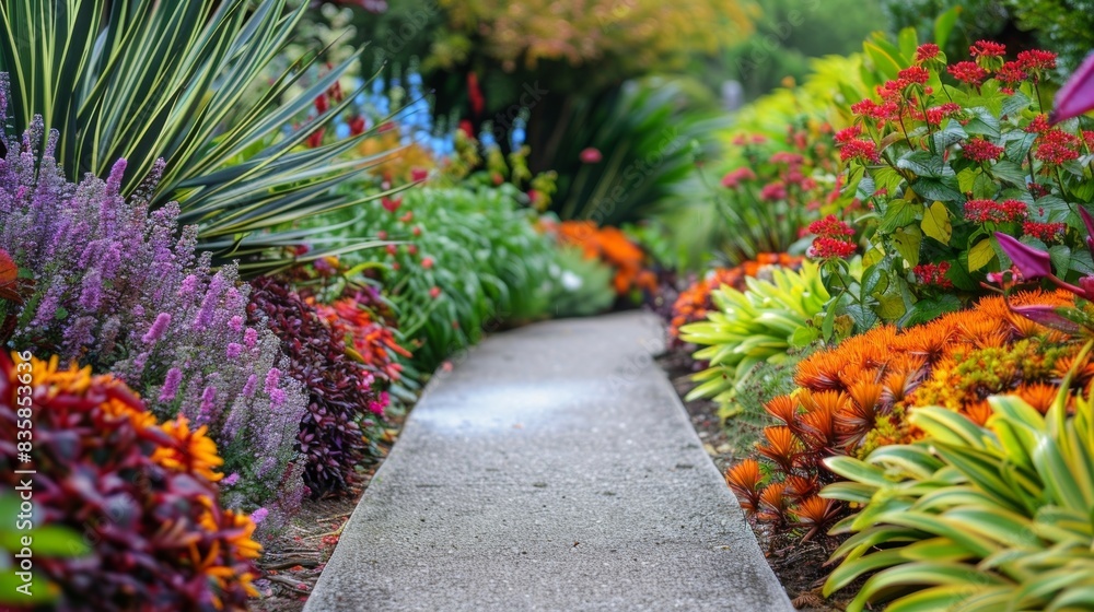 The pathway is surrounded by a colorful array of plants and foliage creating a vibrant and inviting atmosphere. The pathway is surrounded by a colorful array of plants and foliage creating a vibrant and inviting atmosphere.