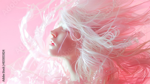 Wallpaper Mural A woman with white hair is covered in pink plastic. The wind blows her hair and it looks like she has wings against a pink background. It is a closeup shot with a cinematic light and pastel colors Torontodigital.ca