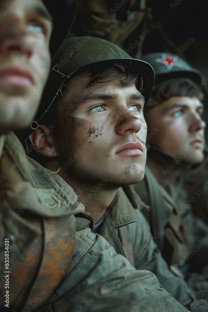 Three soldiers in a foxhole during World War II Three soldiers in a foxhole during World War II