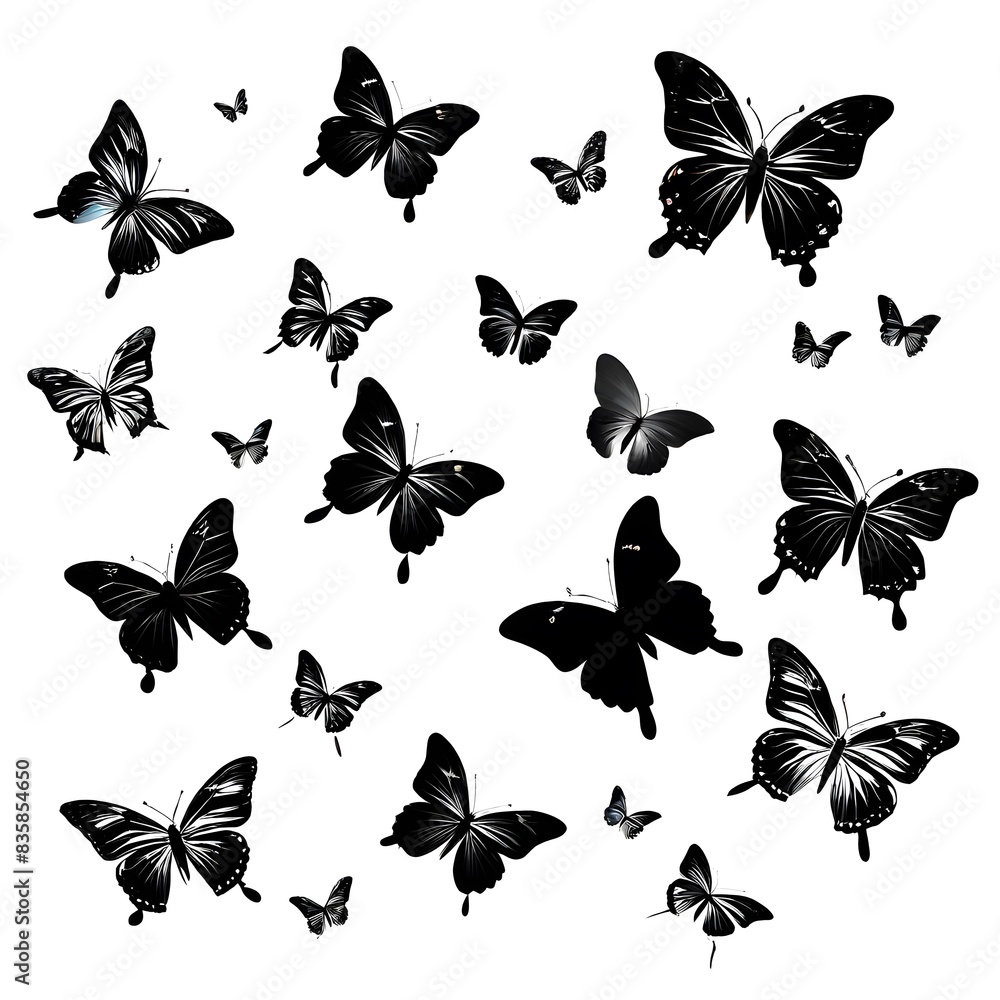 set of black butterflies on white background set of black butterflies on white background