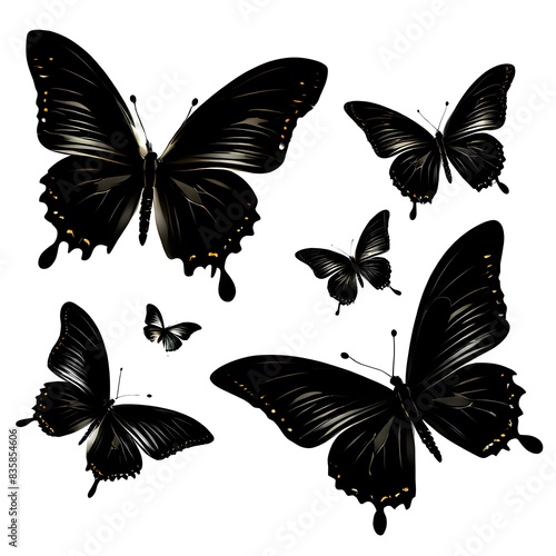 set of black butterflies isolated white