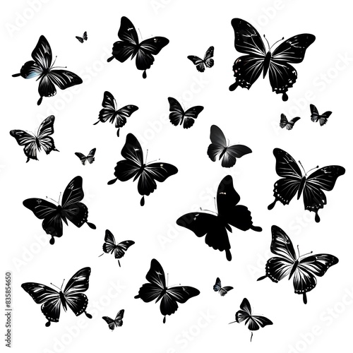 set of black butterflies on white background