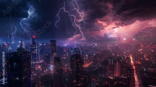 City skyline lit by lightning strikes at night