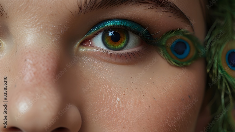 Naklejka premium close up of beautiful eye with peacock feather