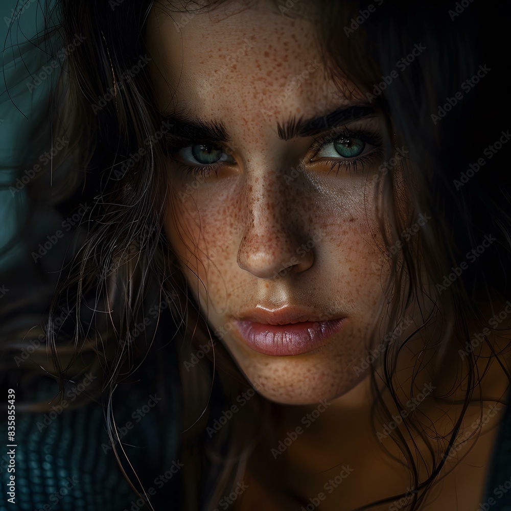 Close-up portrait of a young woman with freckles Close-up portrait of a young woman with freckles