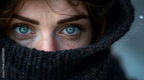 piercing blue eyes of a woman wearing a black woolen scarf