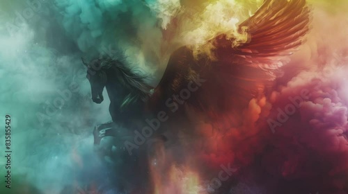 horses fly on colorful and lightning clouds . seamless looping time-lapse virtual video Animation Background. photo