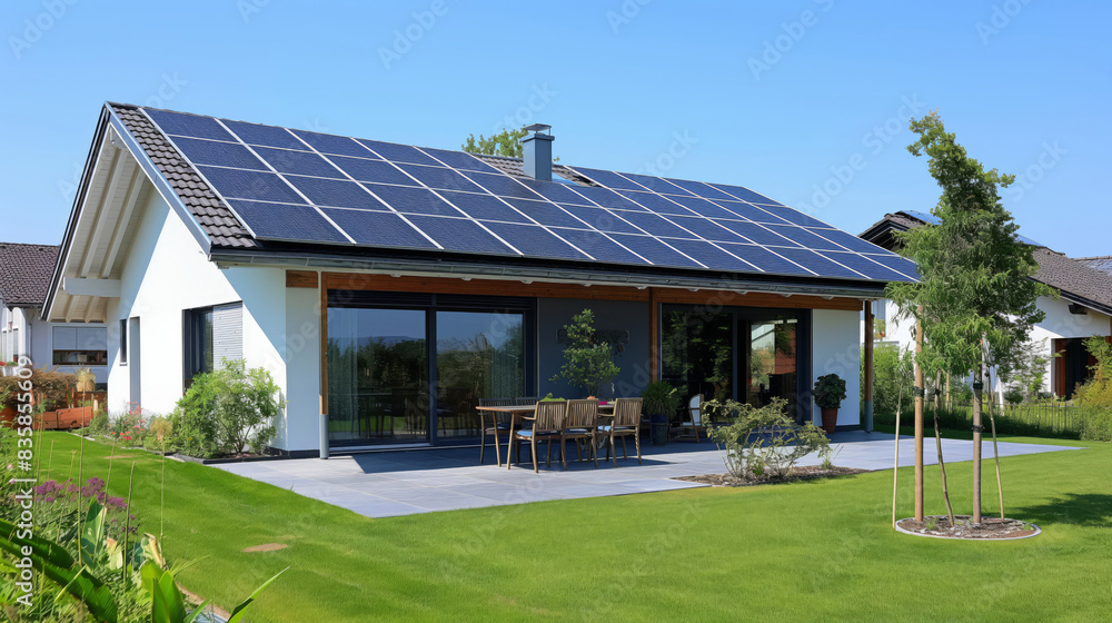 Contemporary House With Solar Panels On Roof And Well-maintained Green Lawn Contemporary House With Solar Panels On Roof And Well-maintained Green Lawn