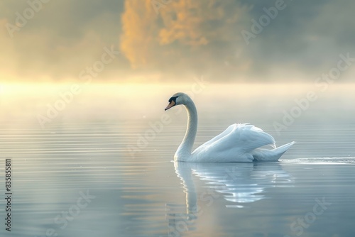 A graceful swan gliding across a serene lake  its elegant neck arched gracefully as it moves effortlessly through the calm waters.