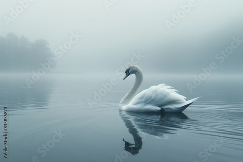 A graceful swan gliding across a serene lake  its elegant neck arched gracefully as it moves effortlessly through the calm waters.