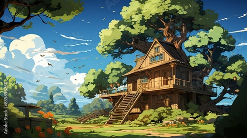 Parents helping their children build a treehouse in the backyard, fostering teamwork and creating lasting memories of family bonding. Painting Illustration style, Minimal and Simple,