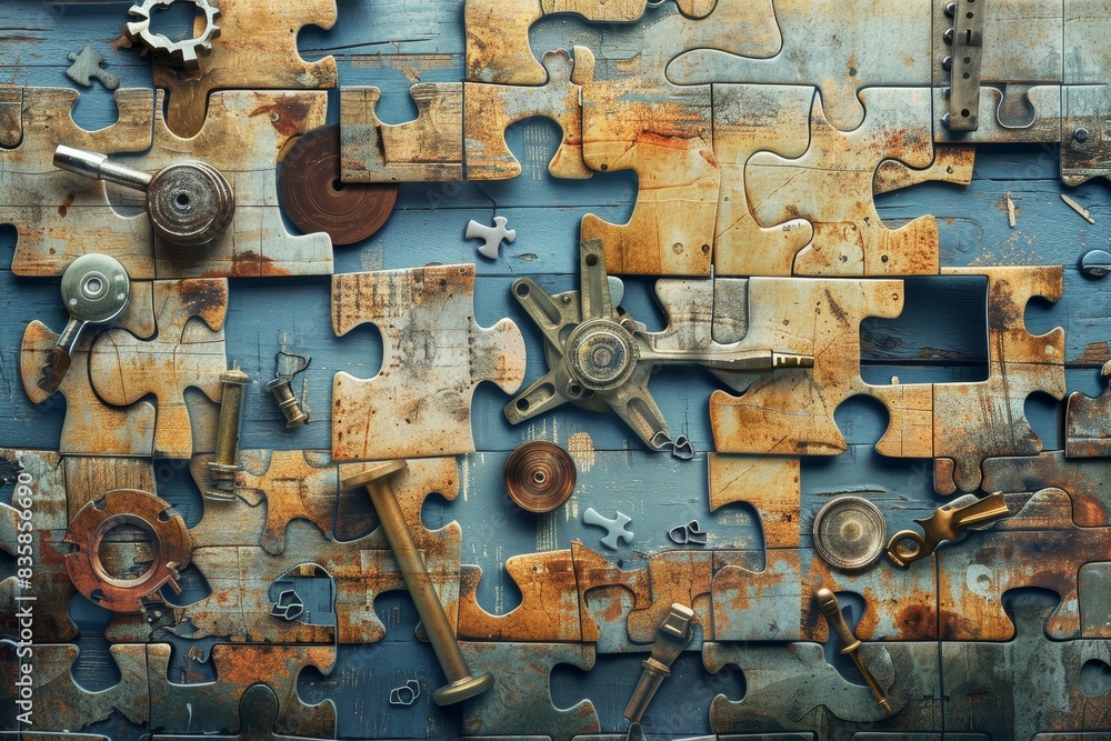 An abstract representation of maintenance as a puzzle, with different pieces symbolizing tasks like oiling generated by AI An abstract representation of maintenance as a puzzle, with different pieces symbolizing tasks like oiling generated by AI