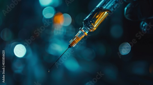 Syringe with liquid and needle in a dark blurry background with city lights bokeh