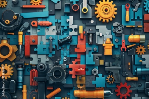 An abstract representation of maintenance as a puzzle, with different pieces symbolizing tasks like oiling generated by AI