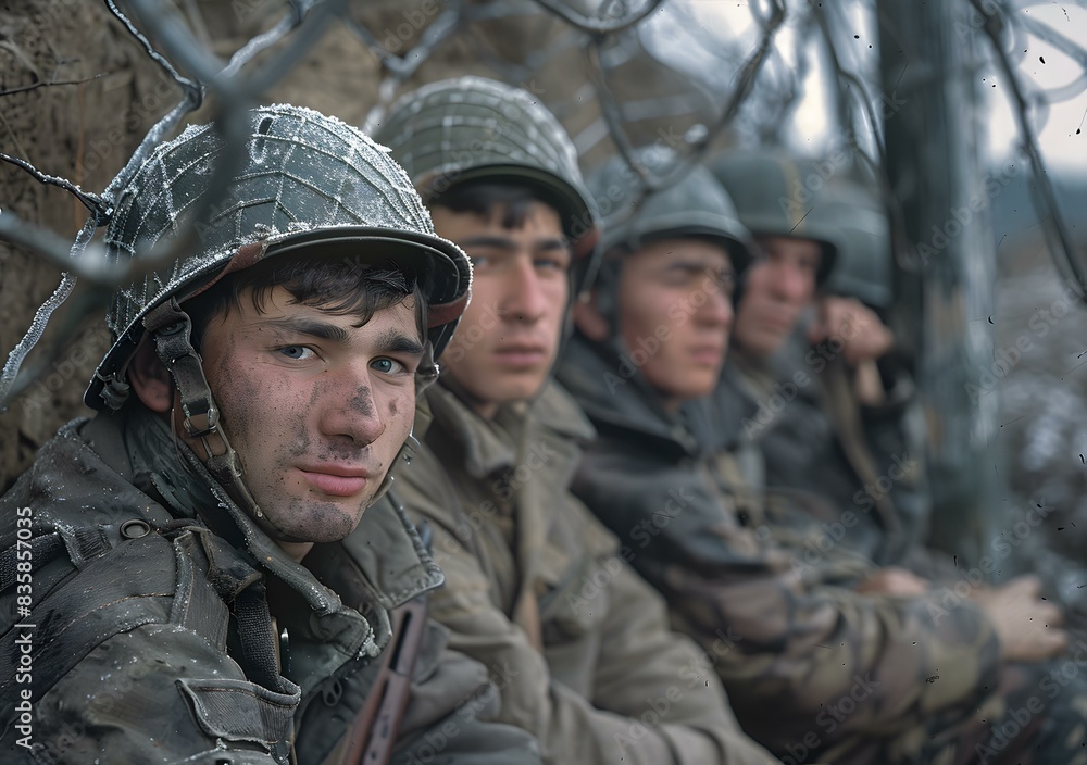 Four soldiers wearing military uniform and helmet in a snowy forest Four soldiers wearing military uniform and helmet in a snowy forest