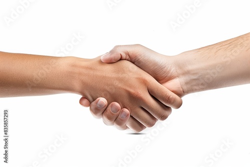 Realistic photograph of a complete Handshakes,solid stark white background, focused lighting