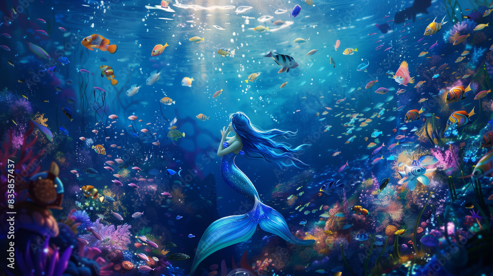 Fototapeta premium A colorful underwater scene with a mermaid swimming among the fish. The mermaid is surrounded by a variety of fish, including some that are closer to the surface