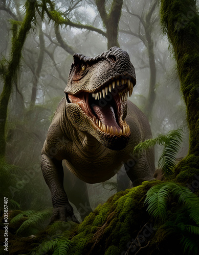 Tyrannosaurus rex que sale del interior de un bosque del jur  sico
