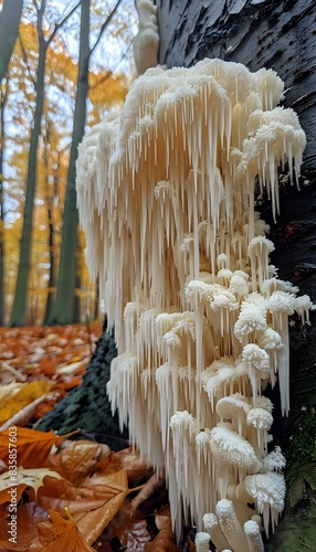 white lion's mane mushrooms growing on the side of an old tree photo