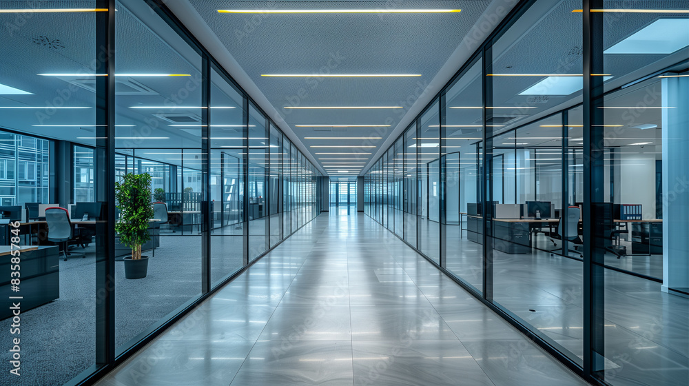 A large open office space with glass walls and a lot of natural light. The space is mostly empty, with only a few chairs and a potted plant. The atmosphere is modern and professional A large open office space with glass walls and a lot of natural light. The space is mostly empty, with only a few chairs and a potted plant. The atmosphere is modern and professional