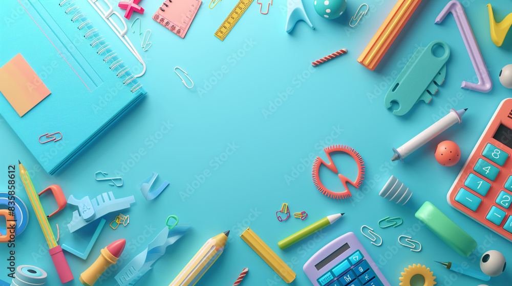 3D illustration of a back-to-school banner with colorful funny protractor characters, calculators, and ample space for text. 3D illustration of a back-to-school banner with colorful funny protractor characters, calculators, and ample space for text.
