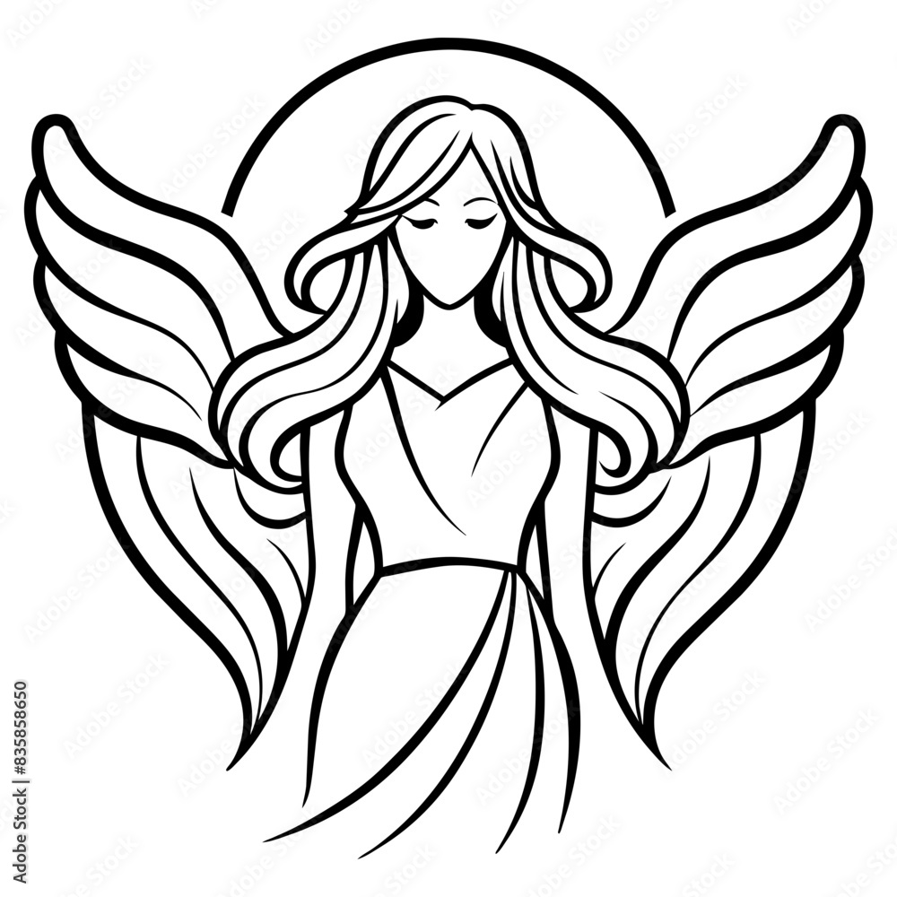 Angel with wings. line art  isolated on white