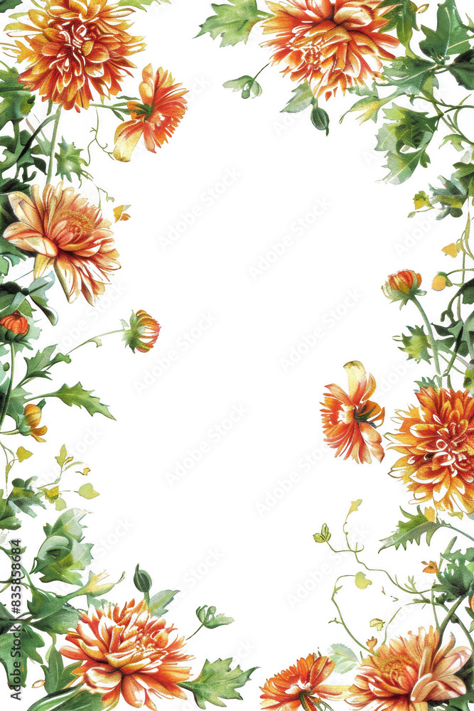 Floral frame with orange flowers creating a beautiful border design. Use it for invitations, greeting cards, or scrapbook embellishments. Floral frame with orange flowers creating a beautiful border design. Use it for invitations, greeting cards, or scrapbook embellishments.