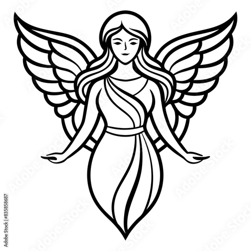 Angel with wings. line art  isolated on white