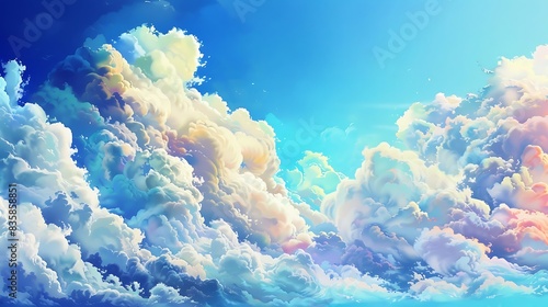 Billowing clouds painted with vivid hues casting contrasts in the serene white and blue sky.