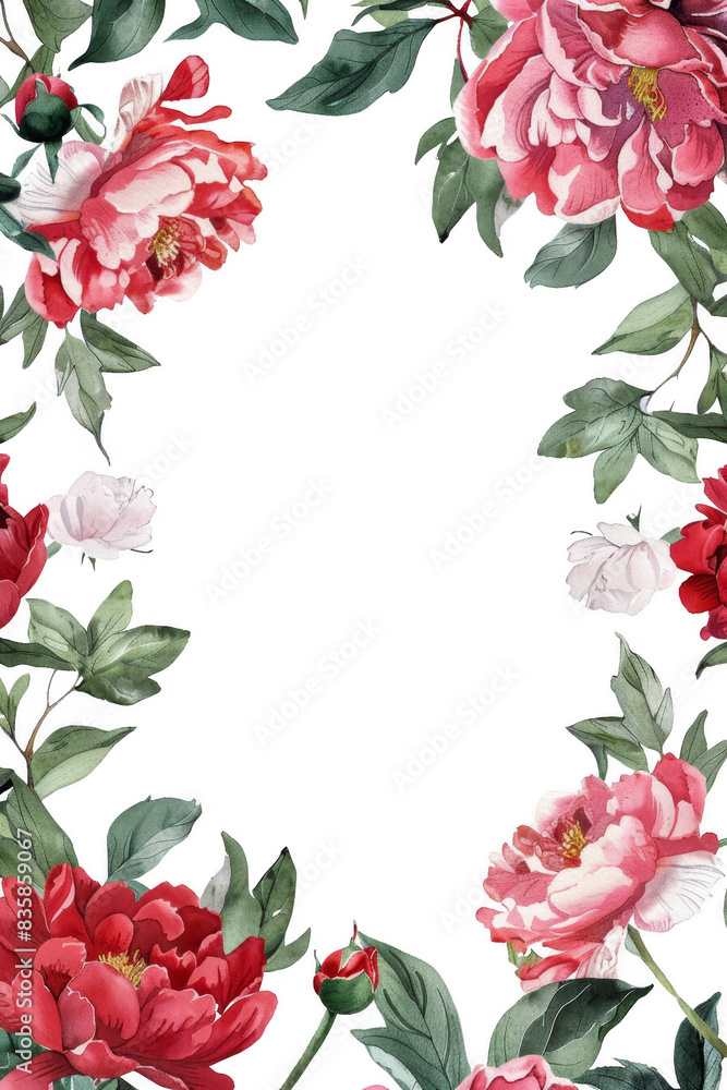 Beautiful floral border with vibrant red and pink flowers and green leaves. Perfect for invitations, greeting cards, and decorations. Beautiful floral border with vibrant red and pink flowers and green leaves. Perfect for invitations, greeting cards, and decorations.