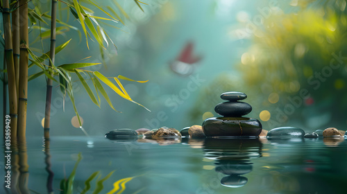 A peaceful image depicting a zen concept with bamboo  rocks  and water  evoking a sense of tranquility and relaxation. Suitable for meditation and mental wellness content.