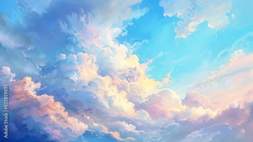 Billowing clouds painted with vivid hues casting contrasts in the serene white and blue sky.