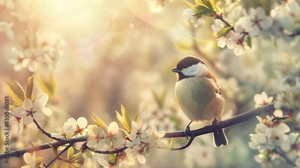 Birds on blooming branches, spring flowers and sunlight creating harmony. Birds on blooming branches, spring flowers and sunlight creating harmony.