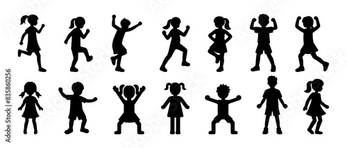 Kids doing various outdoor activities: running, jumping, hopping, hobbies and sports. Children activity silhouette black filled vector Illustration icon set collection.