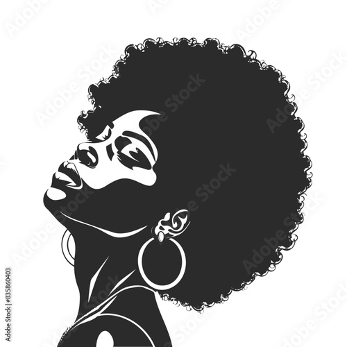 Black and white drawing of woman with afro and hoop earrings