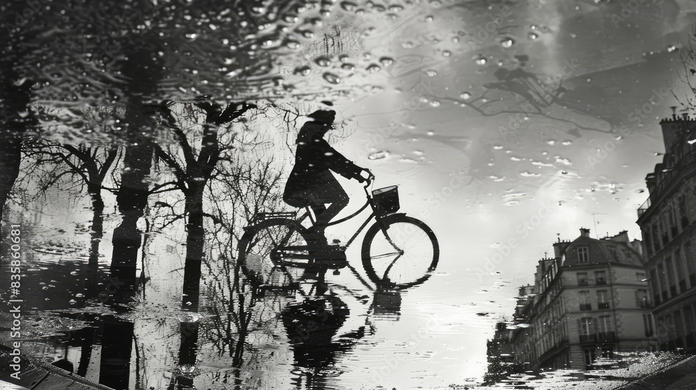 Obraz premium Blurred silhouettes of the girl on the bike down the street in the rain, reflection in puddle, Black and white vintage image