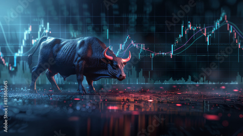 Big bull and stock market. Bull market, Online stock exchange concept. Earnings on the growth of the value of assets © mongkonchai